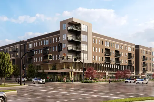 Rendering of a four-storey brick and stone apartment building on a street corner, with balconies above a glazed ground floor of shopfronts and a white church steeple beyond.