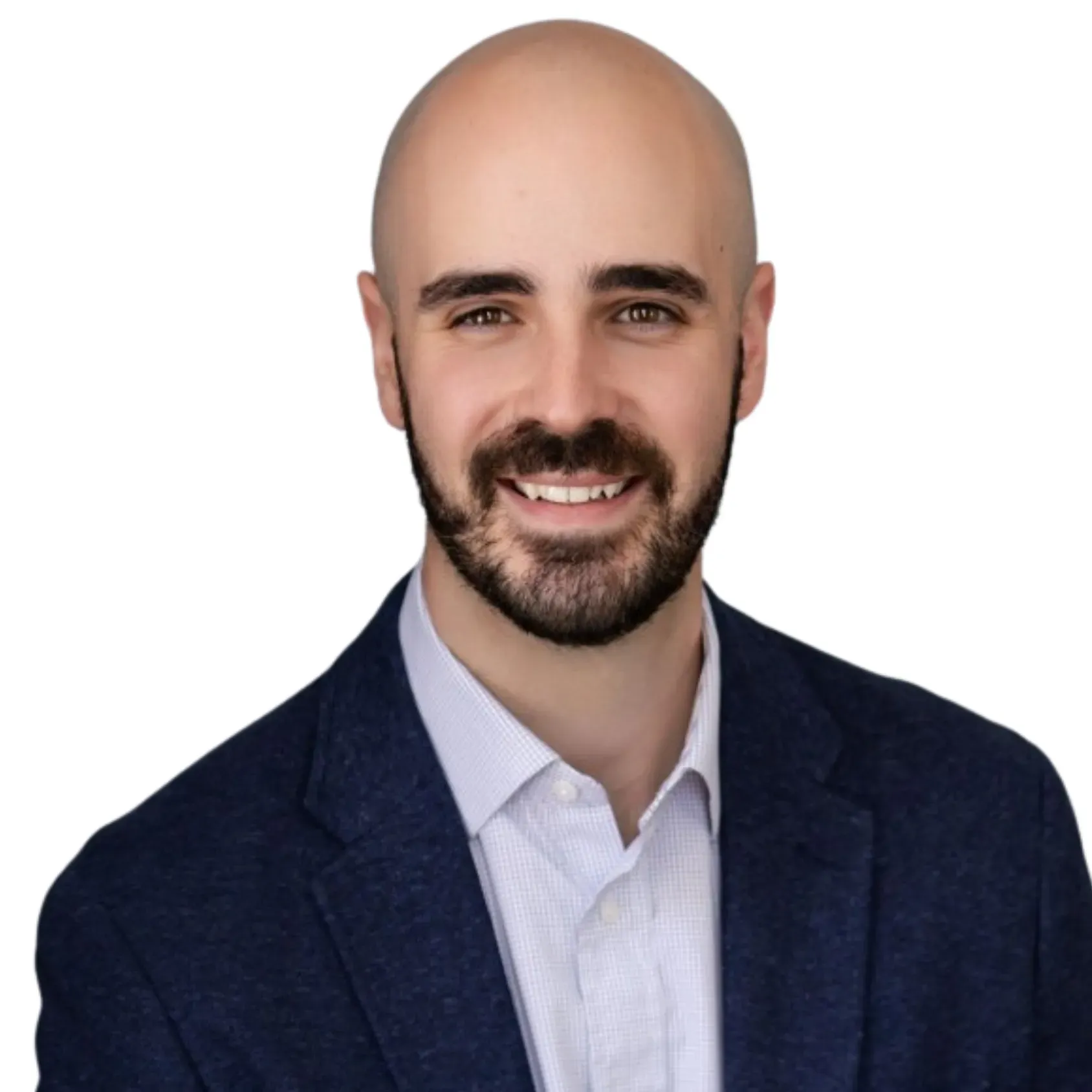 A professional headshot of a bald man with a beard, wearing a blue blazer and white shirt, smiling against a white background.