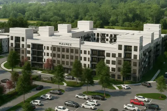 Aerial rendering of a white five-storey apartment building with black balconies and a MAUMEE sign on the parapet, above a landscaped parking lot.