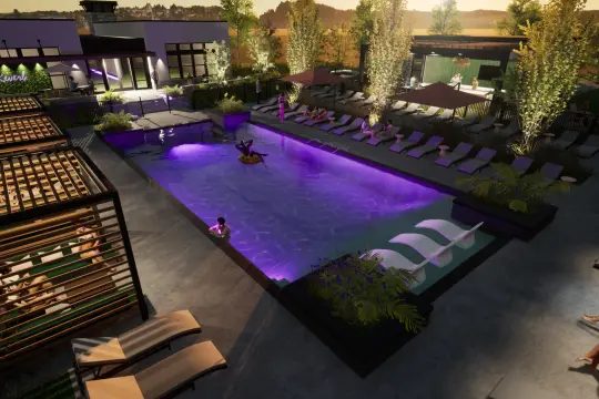 Evening rendering of a resort-style swimming pool lit purple, ringed by rows of loungers, shade umbrellas, slatted cabanas and a clubhouse.
